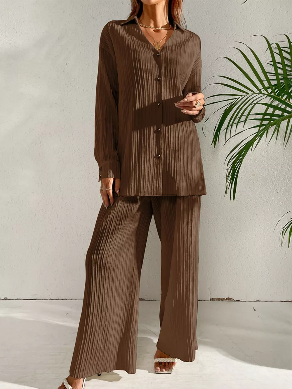 Long Sleeve Shirt & Wide Leg Pants Set