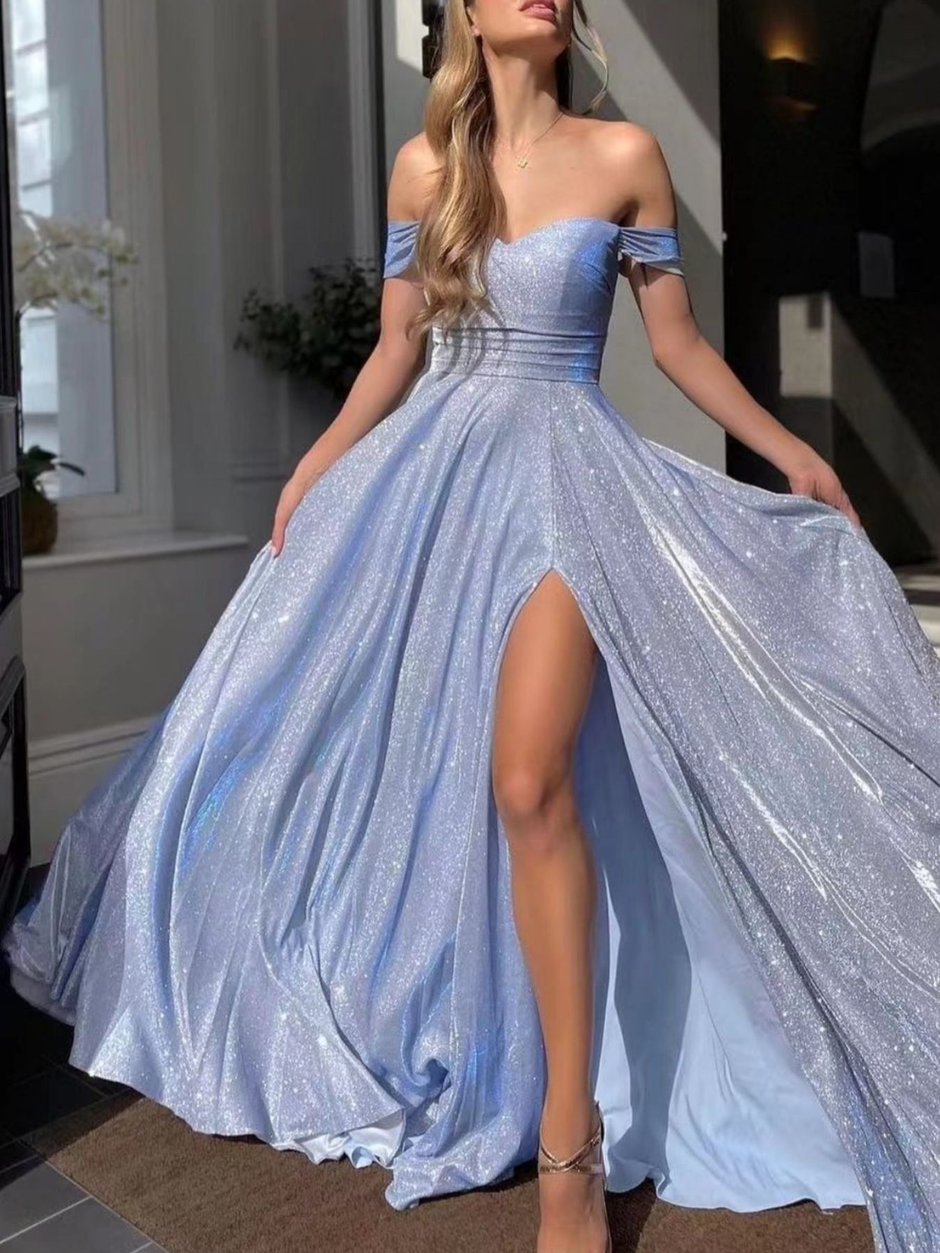 Off-Shoulder High Slit Maxi Dress