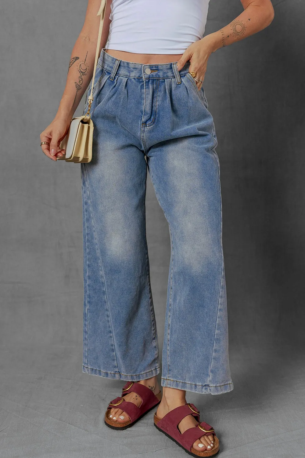 High-Waist Wide Leg Pleated Denim Jeans