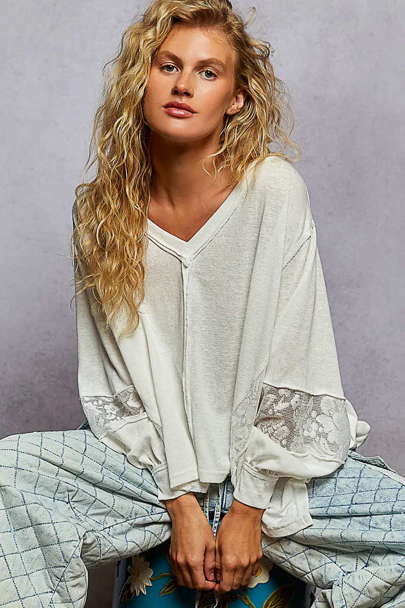 POL V-Neck Long Sleeve T-Shirt with Lace Detail