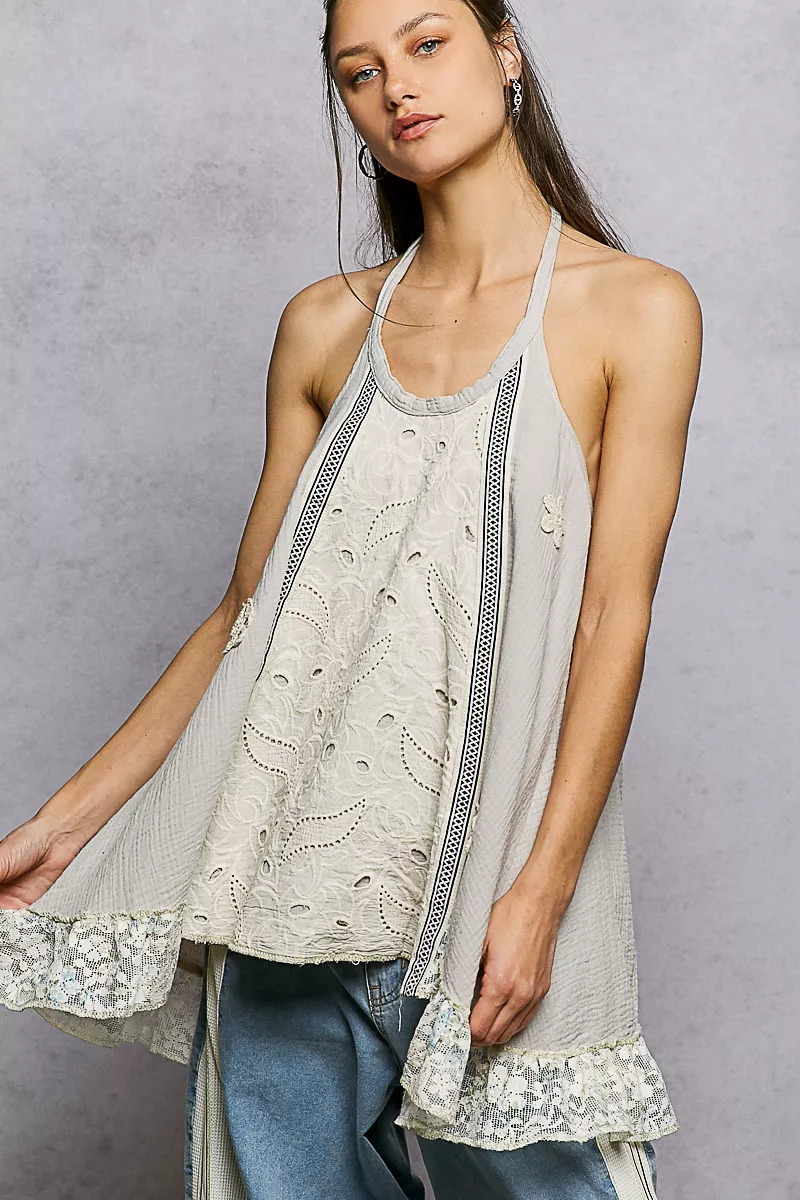 POL Lace Ruffle Halter Neck Double Gauze Top with Crochet Patch
