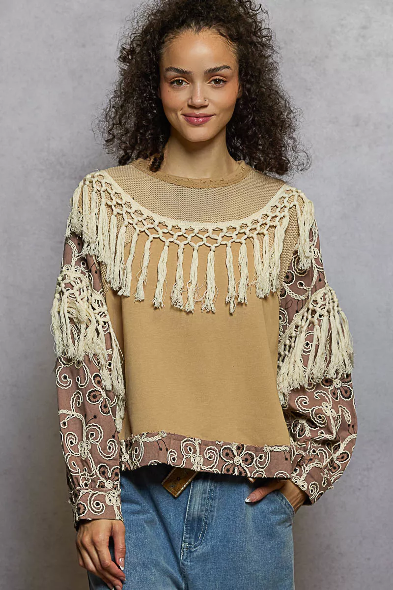 POL Contrast Floral Embroidery Balloon Sleeve Top with Tassel Trim