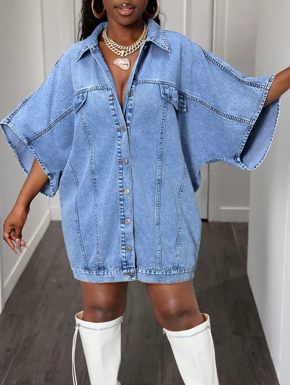Oversized Batwing Sleeve Denim Top