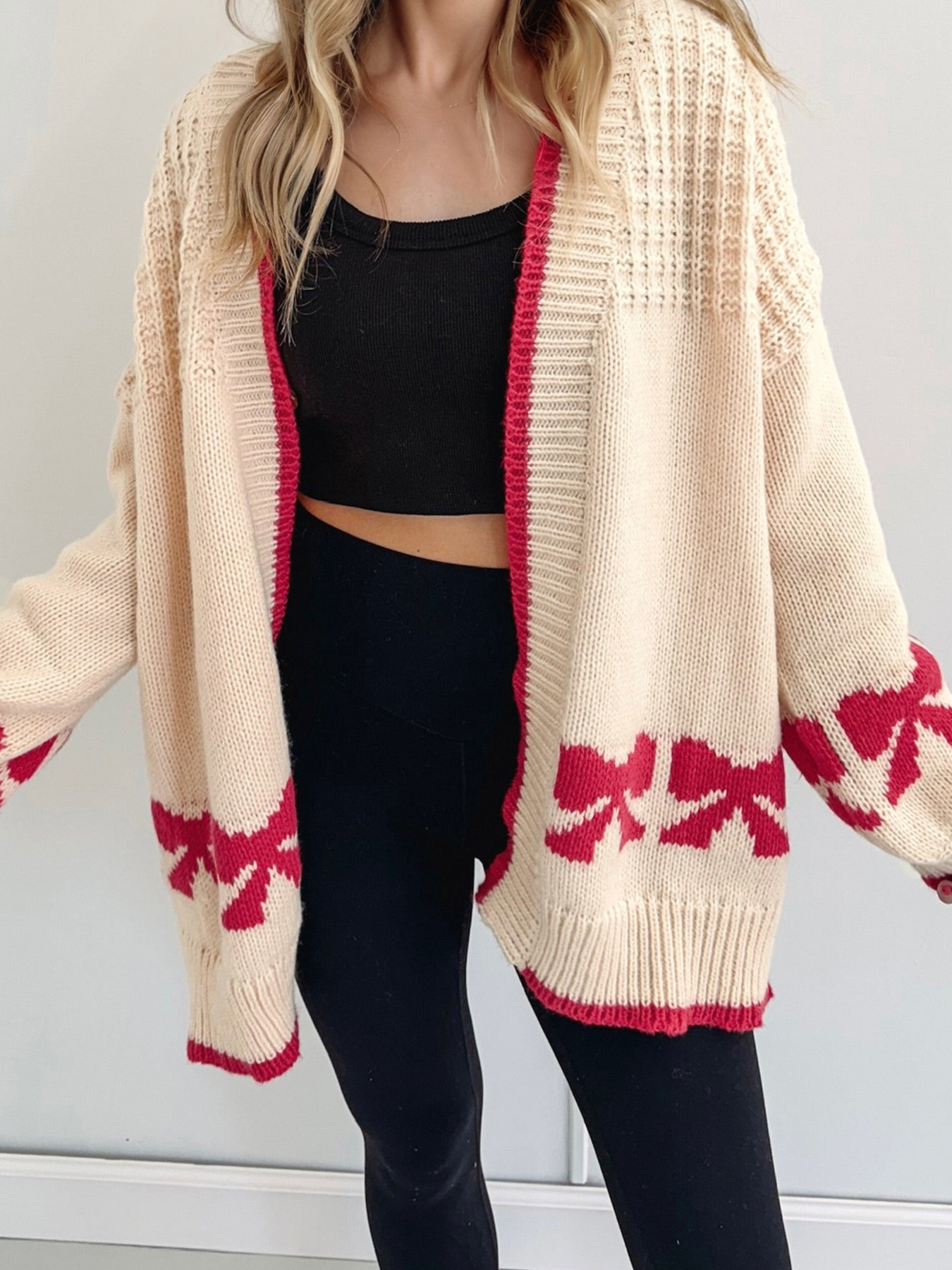 Bow Pattern Textured Open Front Baggy Cardigan
