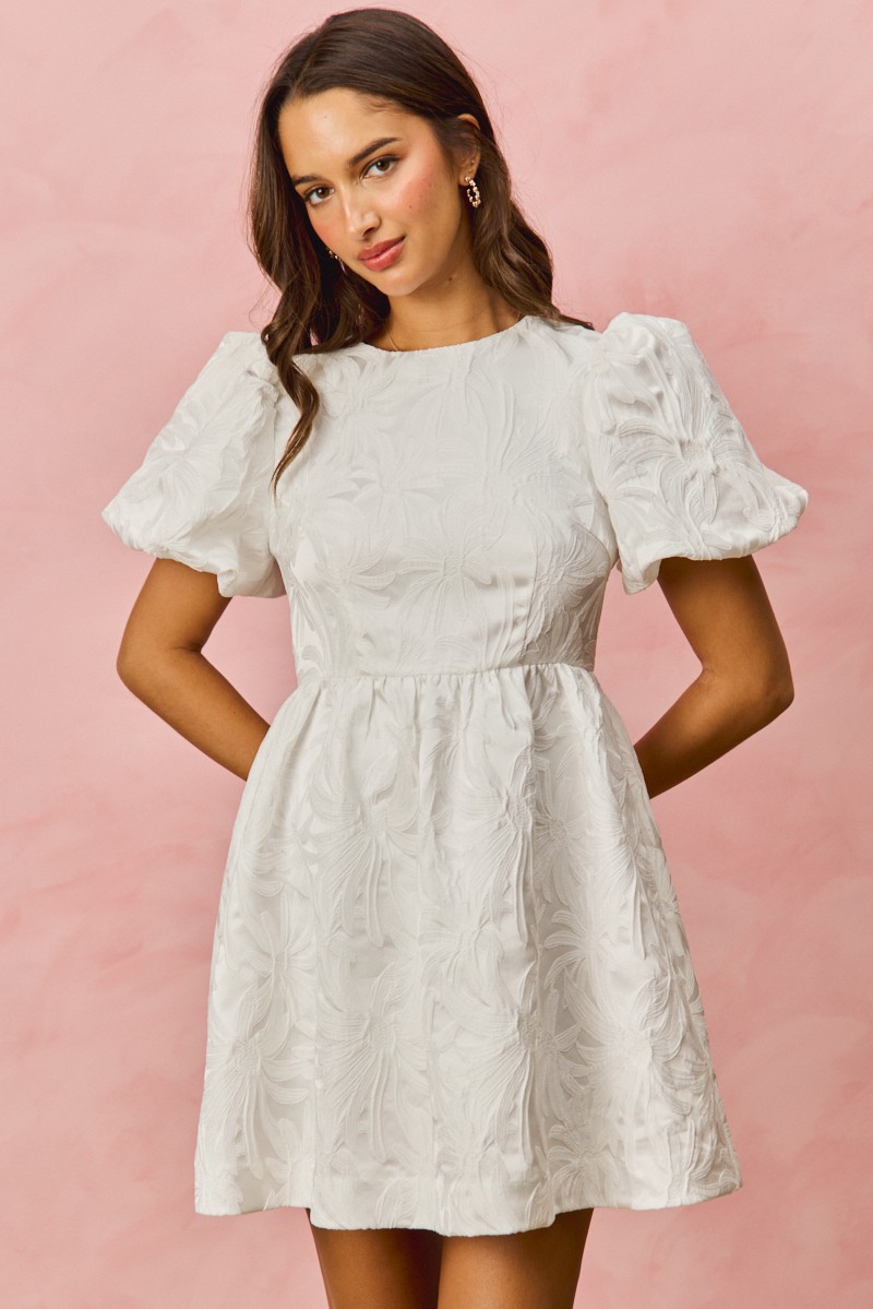 SO ME Floral Jacquard Bubble Shorts Sleeves Mini Dress