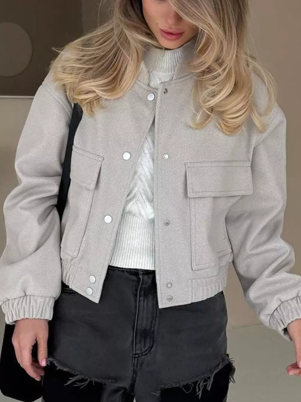 Casual Cropped Snap-Down Jacket