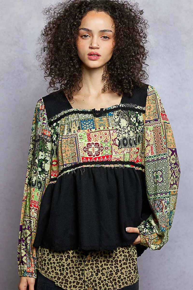 POL Balloon Sleeve Peplum Blouse with Trim Detail