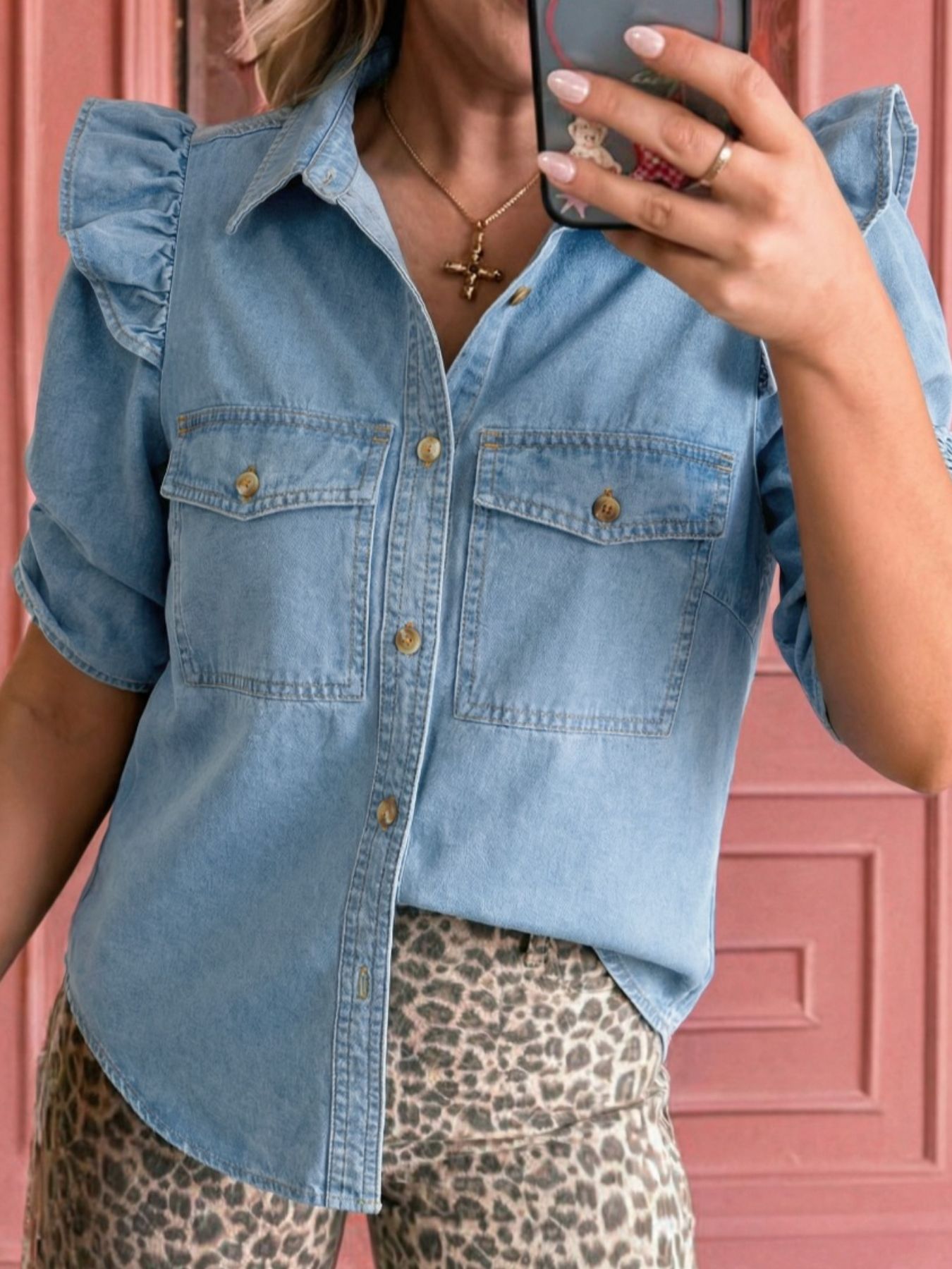 Ruffled Button-Down Denim Shirt