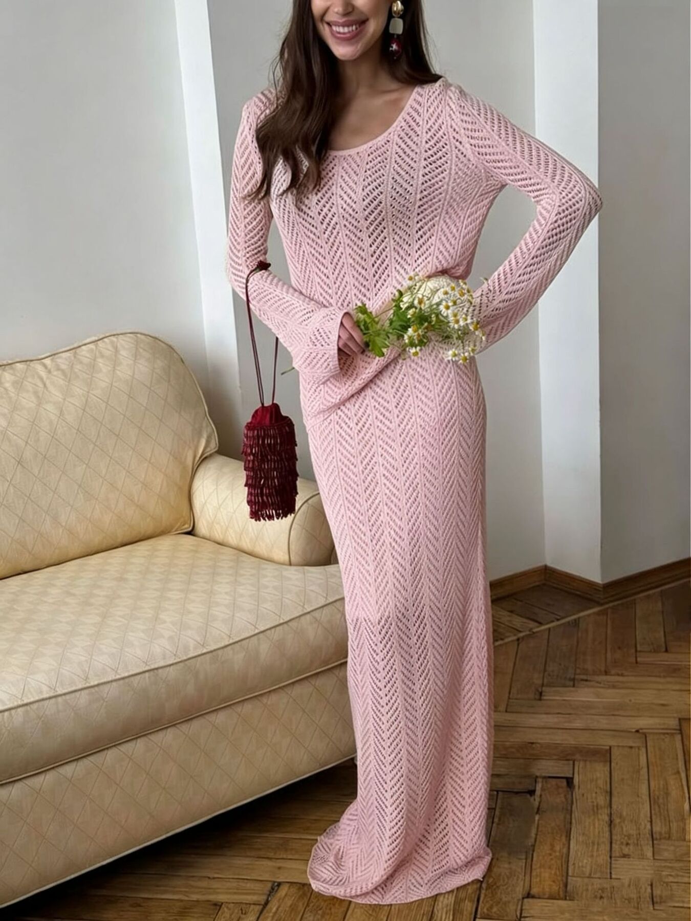 Openwork Long Sleeve Knit Top and Skirt Set