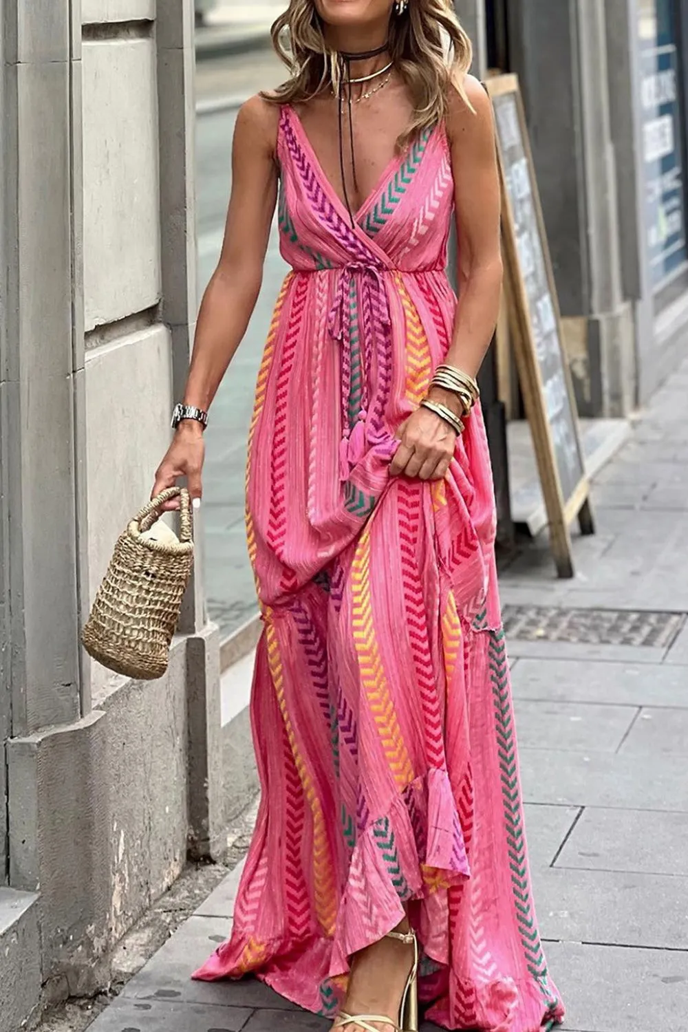 Printed Surplice Maxi Cami Dress