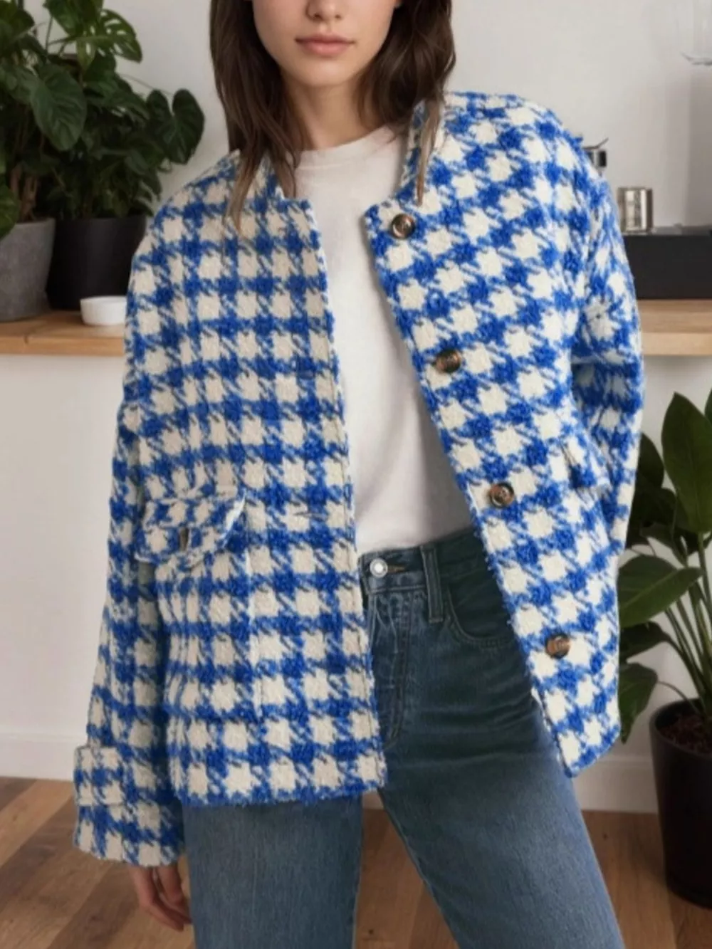 Houndstooth Button Up Long Sleeve Jacket