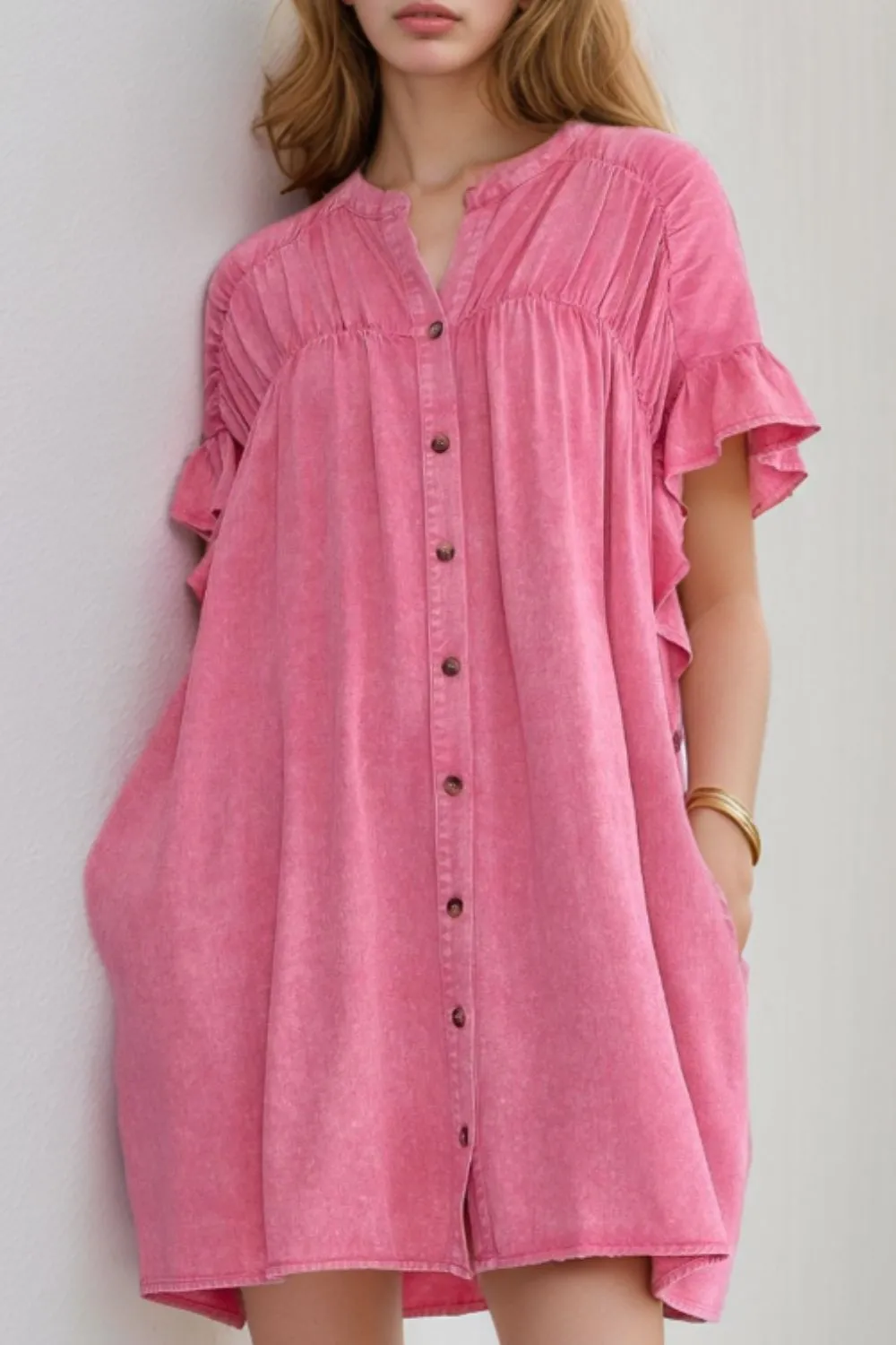 Ruffled Short Sleeve Buttoned Denim Mini Dress