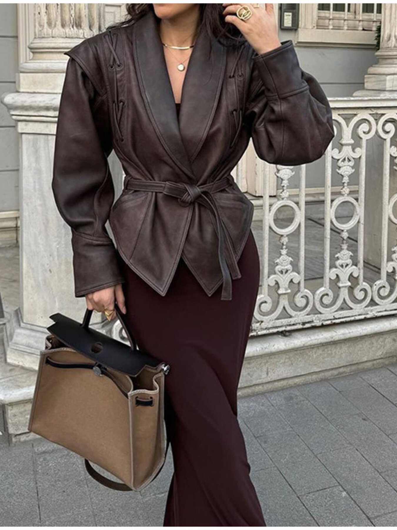 Vintage Style Tie Waist Leather Jacket