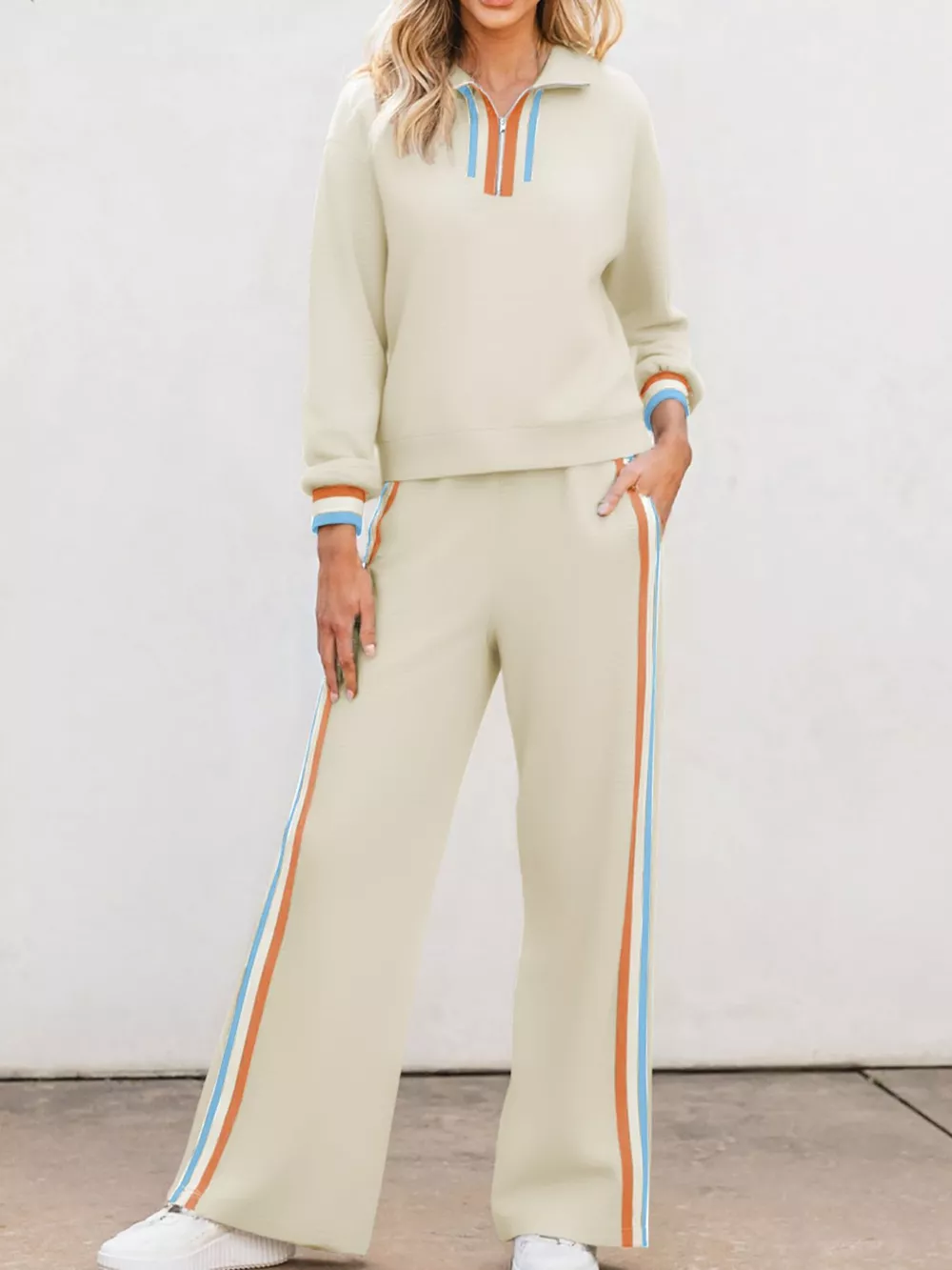 Casual Striped Quarter Zip Top and Pants Set