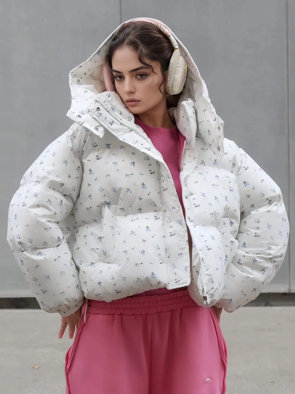 Floral Print Puffer Jacket with Hood