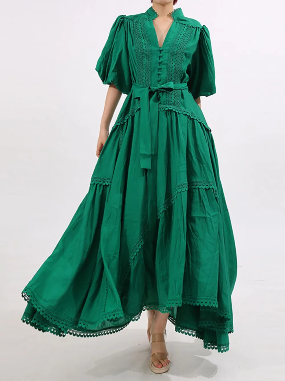 Lace Detail Notched Puff Sleeve Maxi Dress